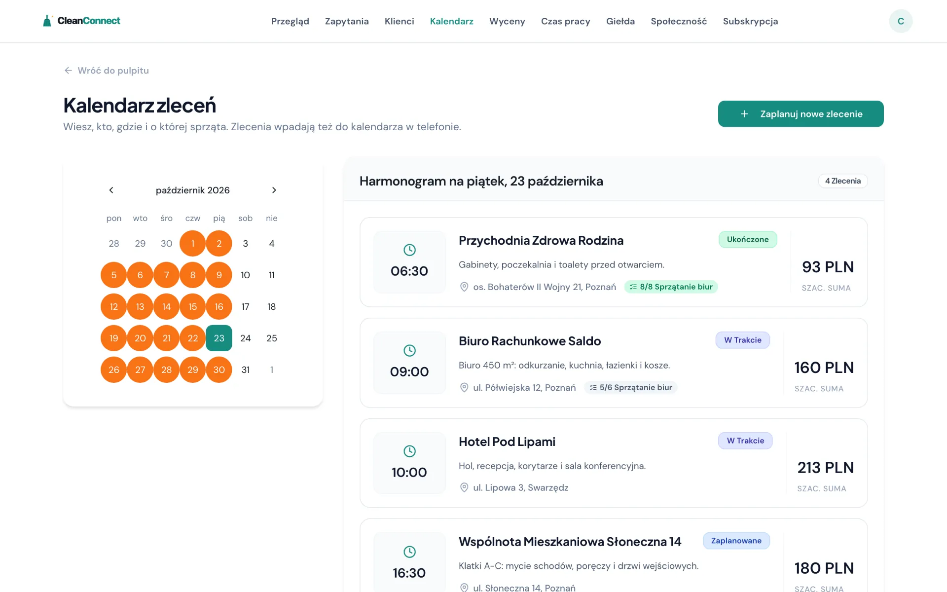 Kalendarz zleceń CleanConnect - miesiąc z zaznaczonymi dniami i cztery zlecenia na piątek