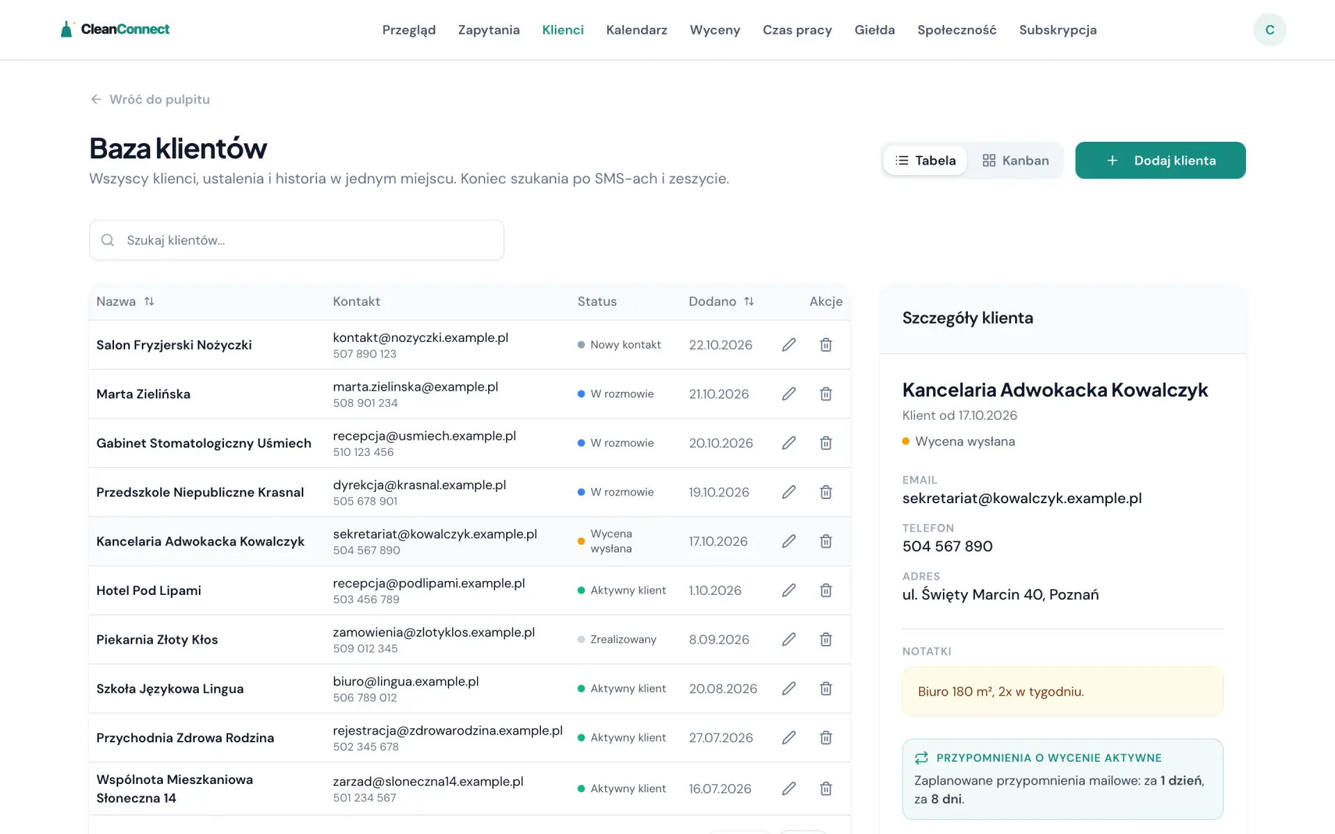Baza klientów w CleanConnect - lista klientów ze statusami i karta kancelarii z wysłaną wyceną