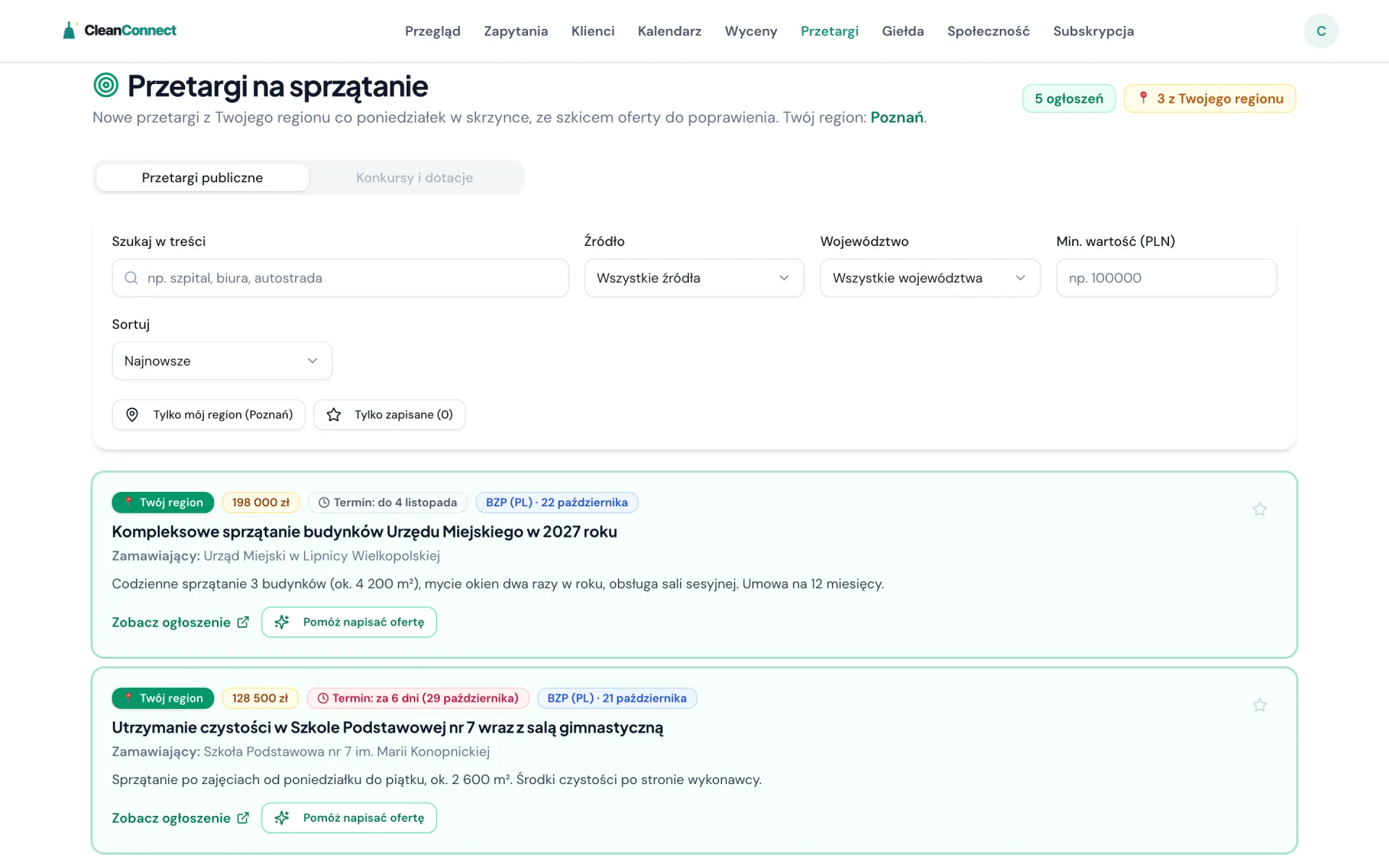 Przetargi na sprzątanie w CleanConnect - ogłoszenia urzędu i szkoły z Twojego regionu z wartością i terminem