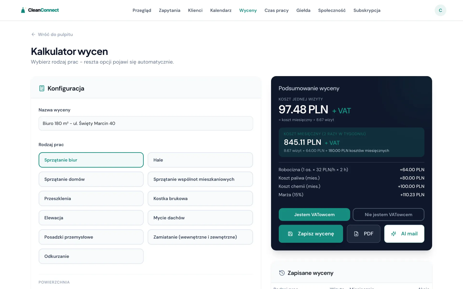 Kalkulator wycen CleanConnect - wycena biura 180 m² sprzątanego 2 razy w tygodniu, z kosztem wizyty i miesiąca