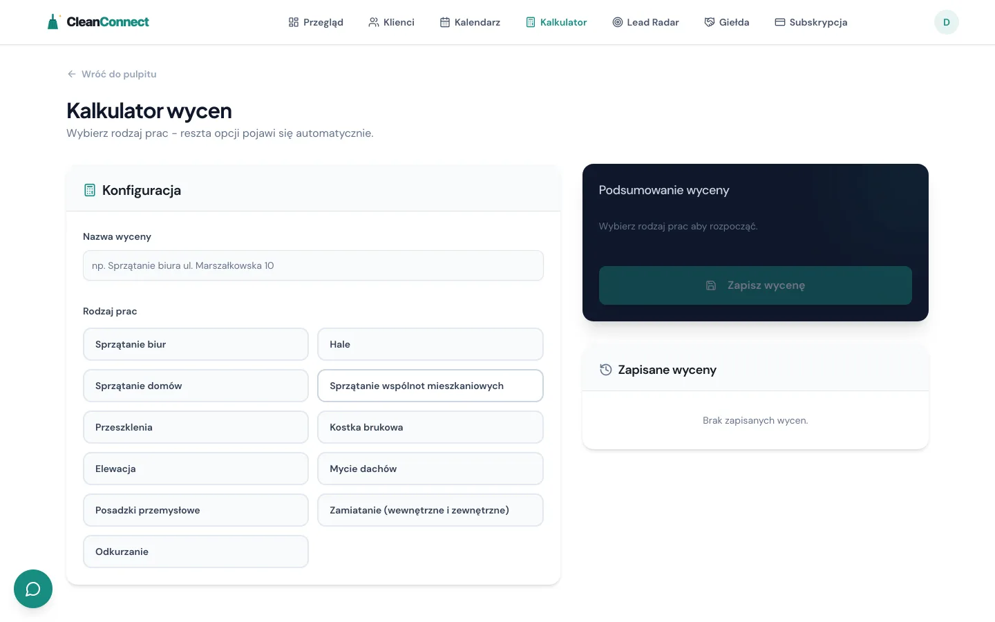 Kalkulator wycen CleanConnect - wybór rodzaju prac