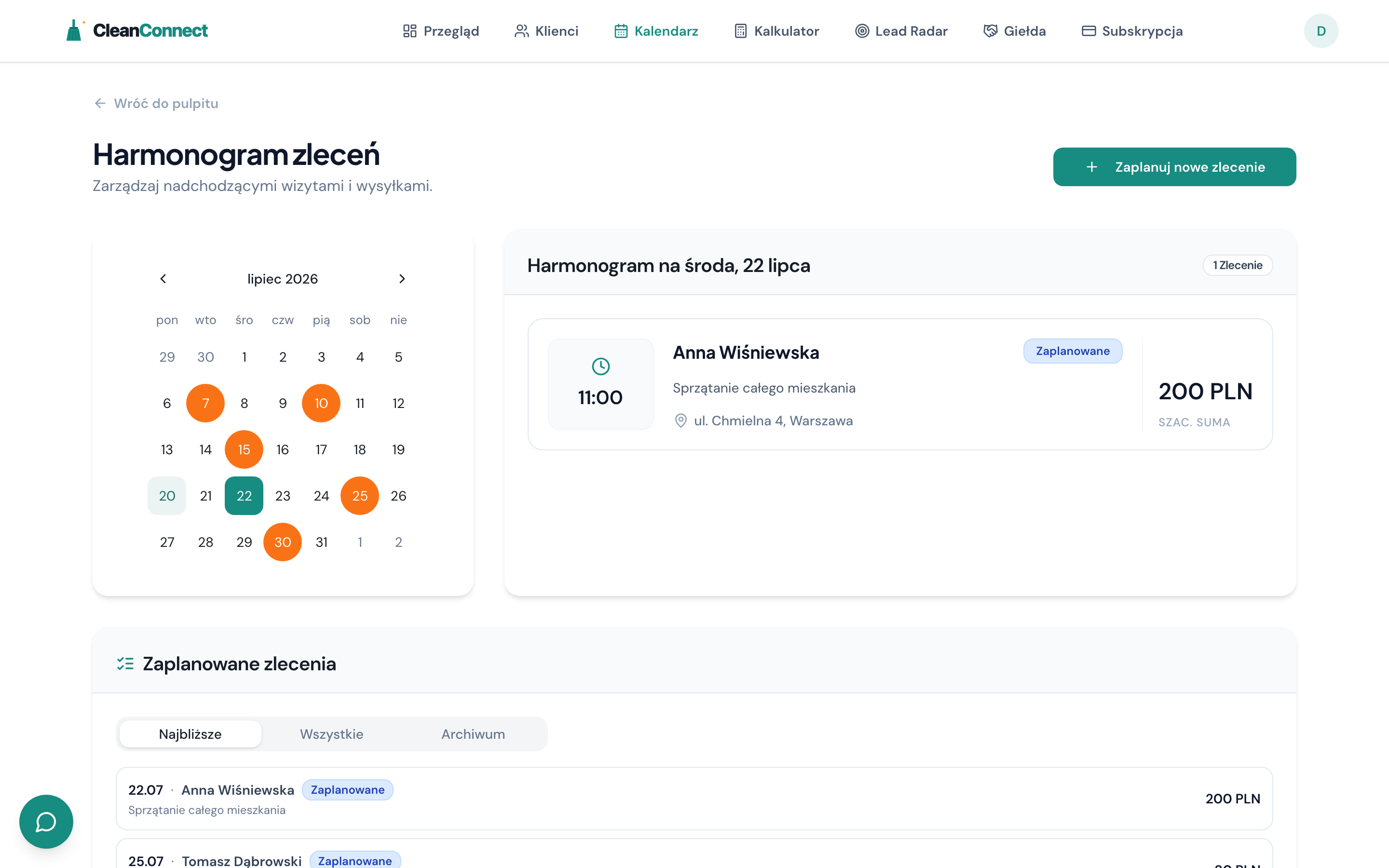 Harmonogram CleanConnect - kalendarz zleceń