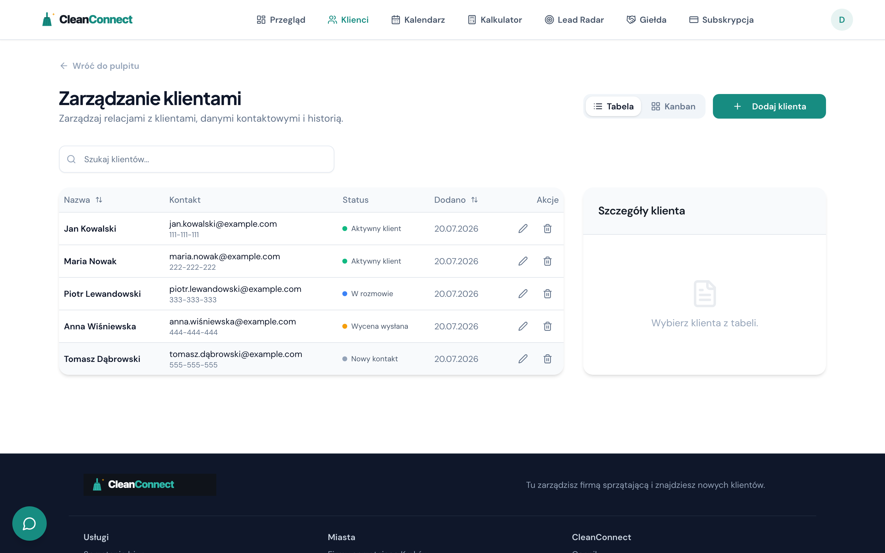 Widok CRM w CleanConnect - lista klientów