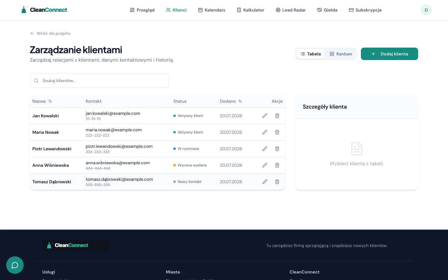 Baza klientów w CleanConnect - lista klientów