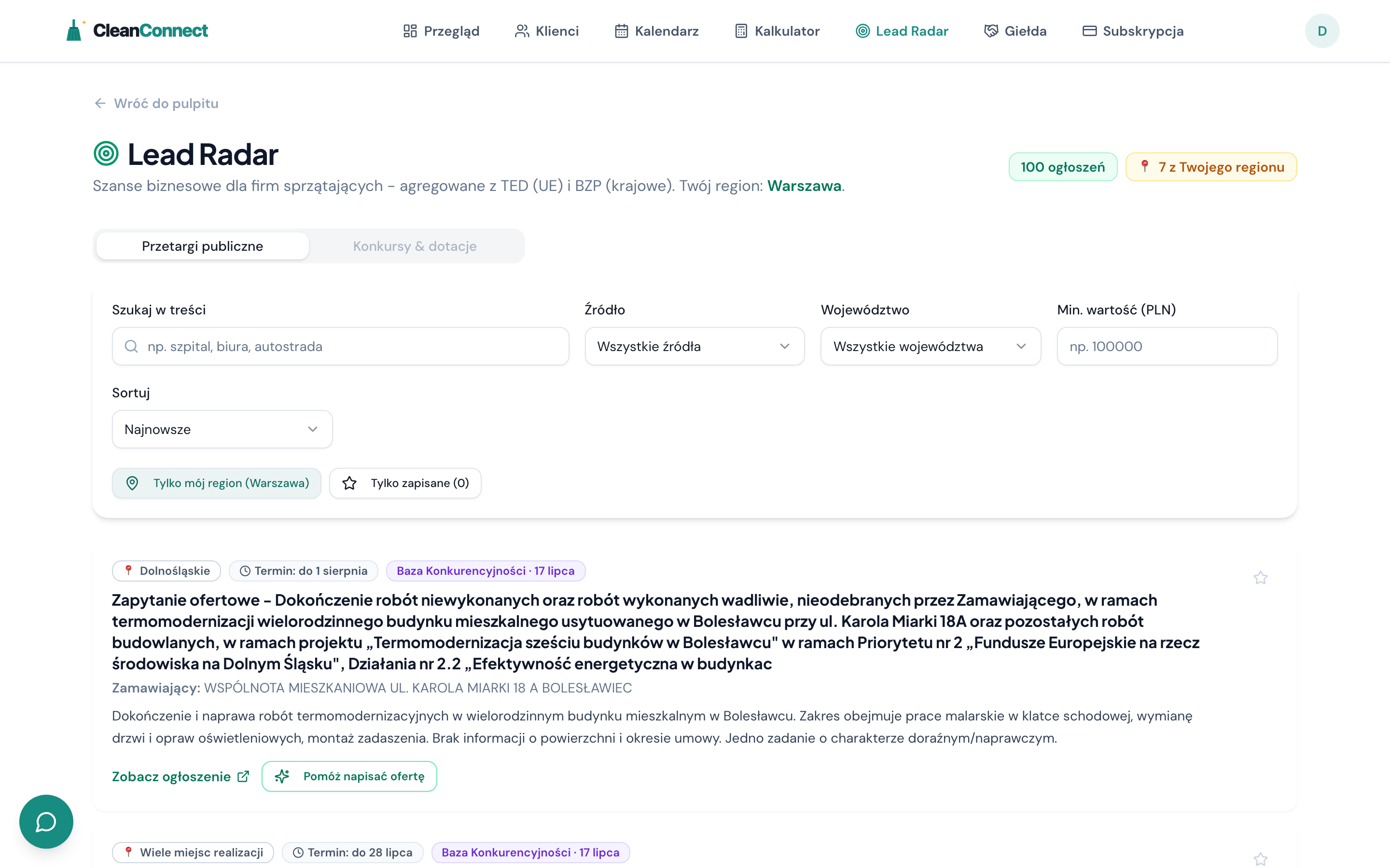 Lead Radar CleanConnect - przetargi na sprzątanie