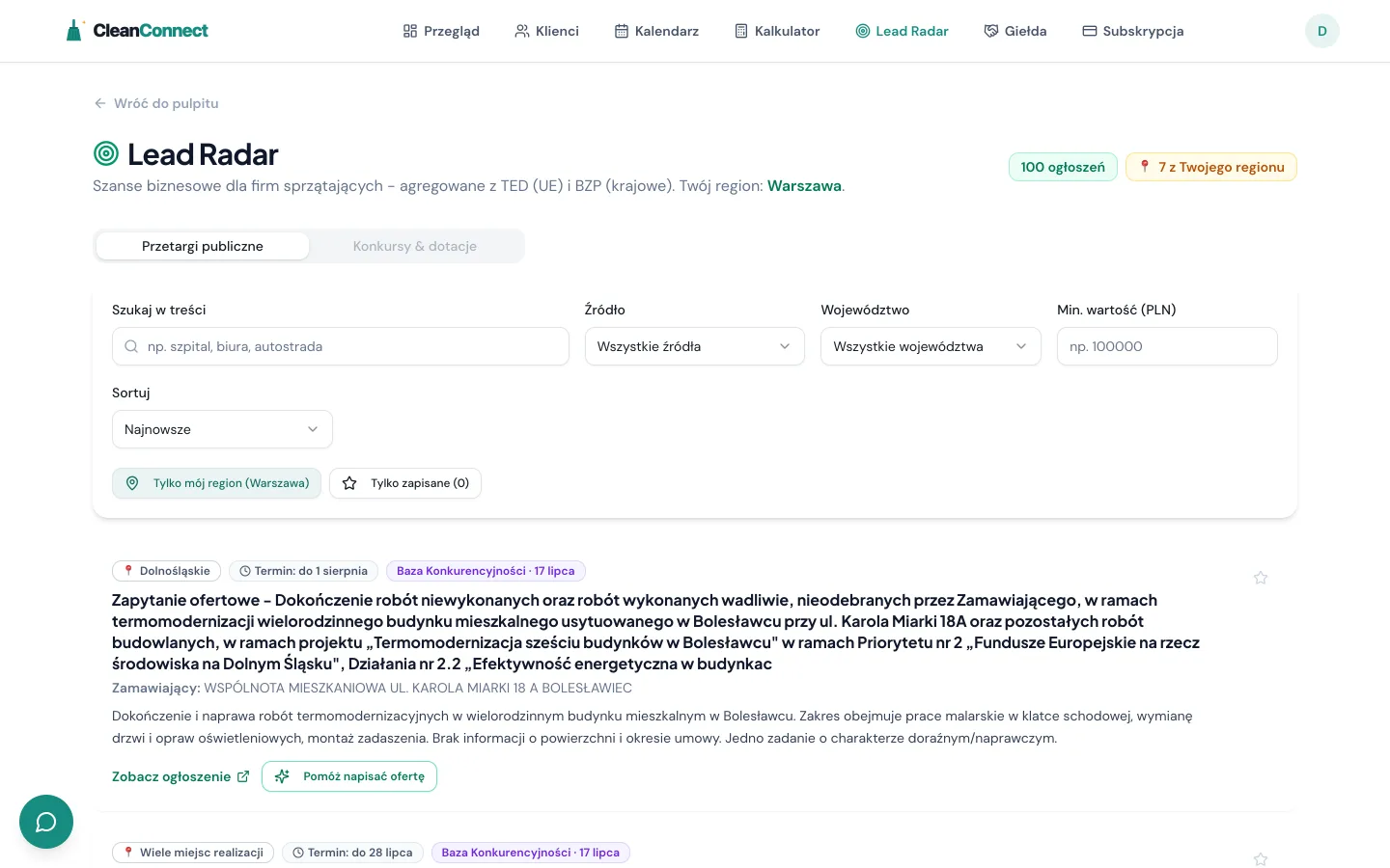 Przetargi na sprzątanie w CleanConnect